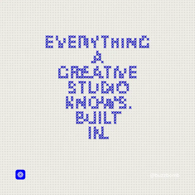 Instagram post for BuzzBomb: "Everything a creative studio knows, built in." Stitch style, technique:raster type fx layout, light palette in white, blue.