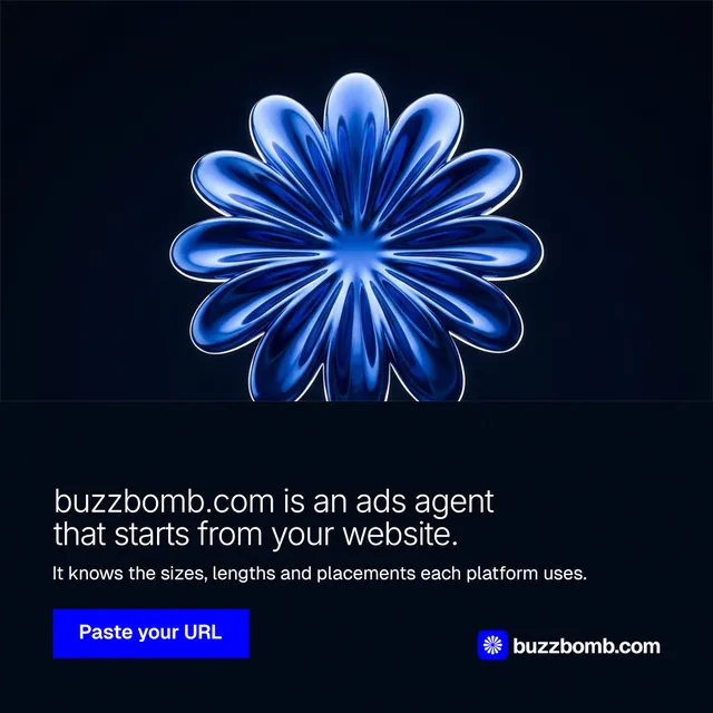 Instagram post for BuzzBomb: "buzzbomb.com is an ads agent that starts from your website." Swiss style, bottom layout, dark palette in black, blue.