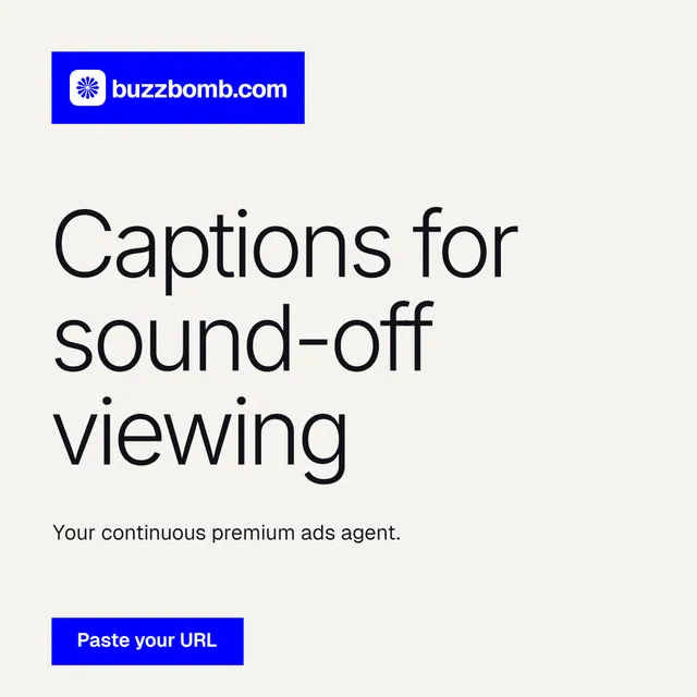 Instagram post for BuzzBomb: "Captions for sound-off viewing". Swiss style, announce layout, light palette in white, blue.