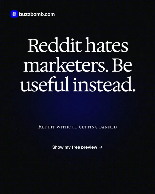 Instagram portrait post for BuzzBomb: "Reddit hates marketers. Be useful instead." Phosphor atlas style, smallcaps layout, dark palette in black, grey.