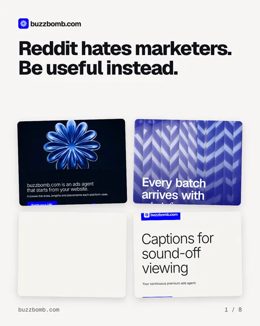 Carousel for BuzzBomb: "Reddit hates marketers. Be useful instead.". Collection carousel, 8 slides, light palette.
