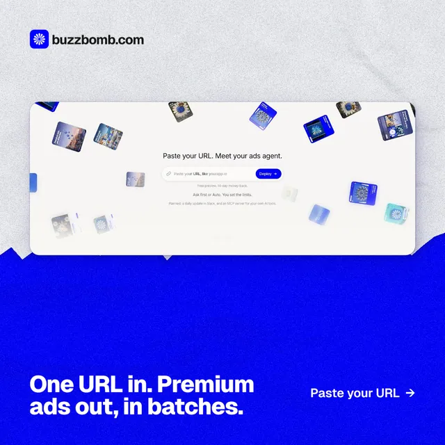 Instagram post for BuzzBomb: "One URL in. Premium ads out, in batches." Paper trio style, image led layout, light palette in white, blue.