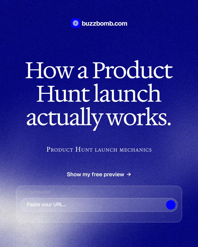 Instagram portrait post for BuzzBomb: "How a Product Hunt launch actually works." Cyanotype style, smallcaps layout, dark palette in blue.