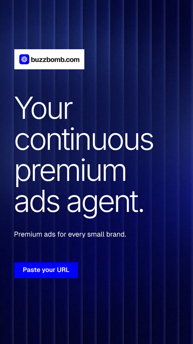Instagram story for BuzzBomb: "Your continuous premium ads agent." Swiss style, announce layout, dark palette in blue.
