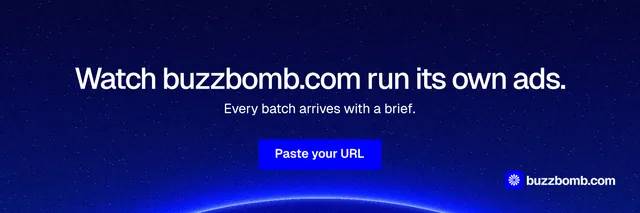 X header for BuzzBomb: "Watch buzzbomb.com run its own ads." Swiss style, centred layout, dark palette in blue.