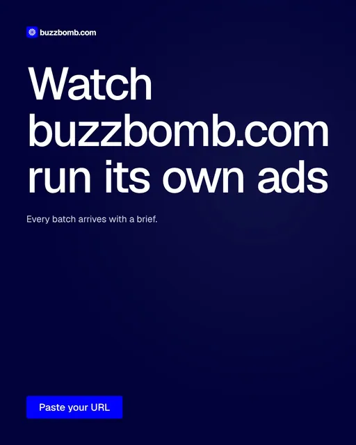 Video for BuzzBomb: "Watch buzzbomb.com run its own ads.". Doc motion loop, 8.0 s, dark palette.