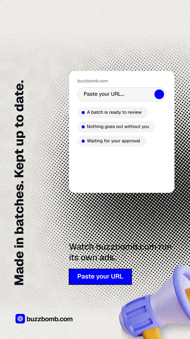 Instagram story for BuzzBomb: "Made in batches. Kept up to date." Ink sticker style, vertical layout, light palette in white, grey.
