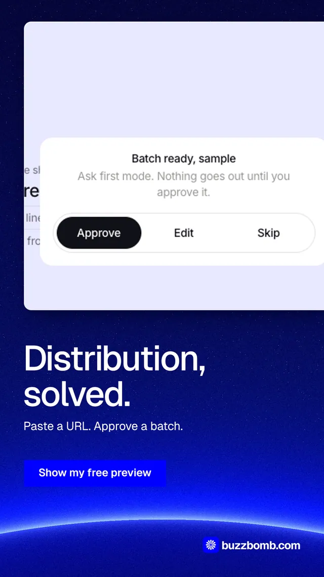 Instagram story for BuzzBomb: "Distribution, solved." Swiss style, bottom layout, light palette in blue, white.