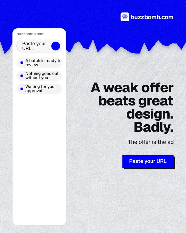 Instagram portrait post for BuzzBomb: "A weak offer beats great design. Badly." Paper trio style, right layout, light palette in white, blue.