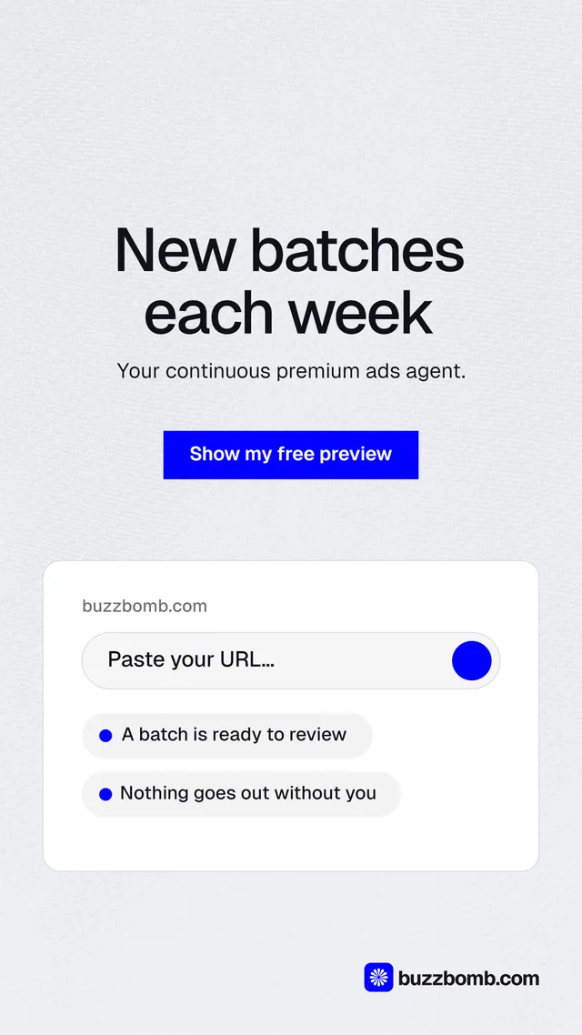 Instagram story for BuzzBomb: "New batches each week". Swiss style, centred layout, light palette in white, blue.
