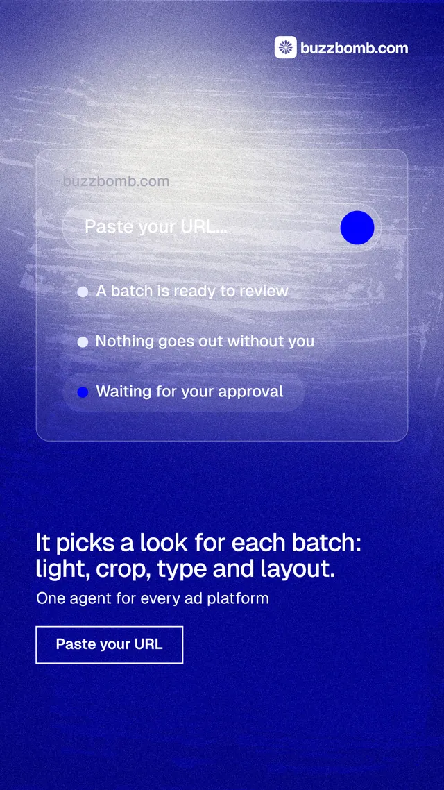 Instagram story for BuzzBomb: "It picks a look for each batch: light, crop, type and layout." Cyanotype style, bottom layout, dark palette in blue.