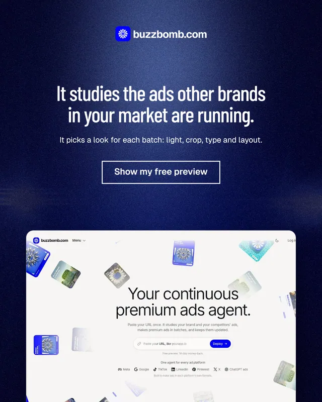 Instagram portrait post for BuzzBomb: "It studies the ads other brands in your market are running." Dark deco style, centred layout, dark palette in black, blue, white.
