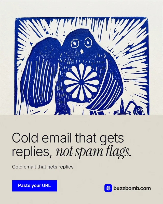 Instagram portrait post for BuzzBomb: "Cold email that gets replies, not spam flags." Swiss style, bottom layout, light palette in yellow, blue, white.