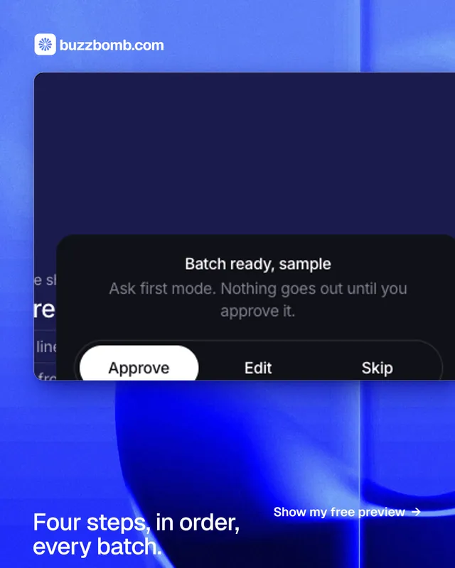 Instagram portrait post for BuzzBomb: "Four steps, in order, every batch." Swiss style, image led layout, dark palette in blue.