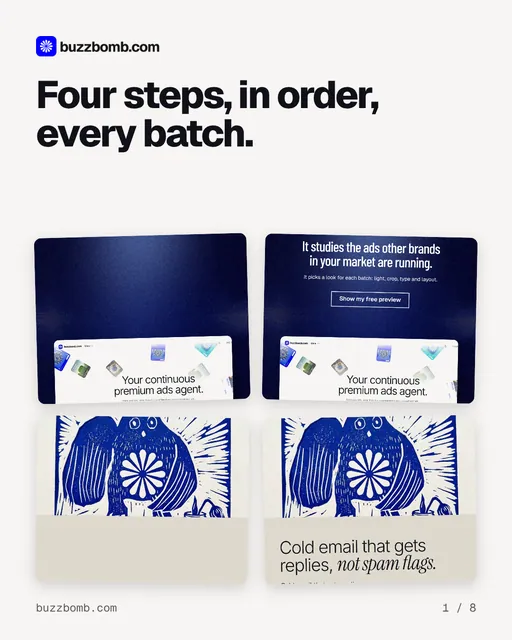 Carousel for BuzzBomb: "Four steps, in order, every batch.". Collection carousel, 8 slides, light palette.