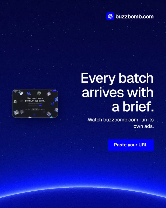 Instagram portrait post for BuzzBomb: "Every batch arrives with a brief." Swiss style, right layout, dark palette in blue.
