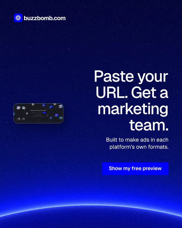Instagram portrait post for BuzzBomb: "Paste your URL. Get a marketing team." Swiss style, right layout, dark palette in blue.