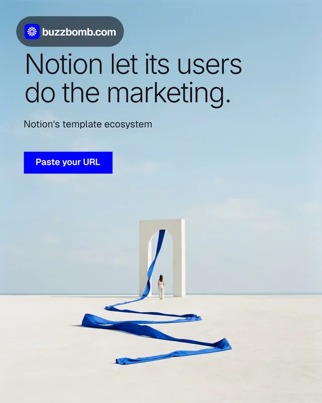 Instagram portrait post for BuzzBomb: "Notion let its users do the marketing." Swiss style, bottom layout, light palette in blue, white.