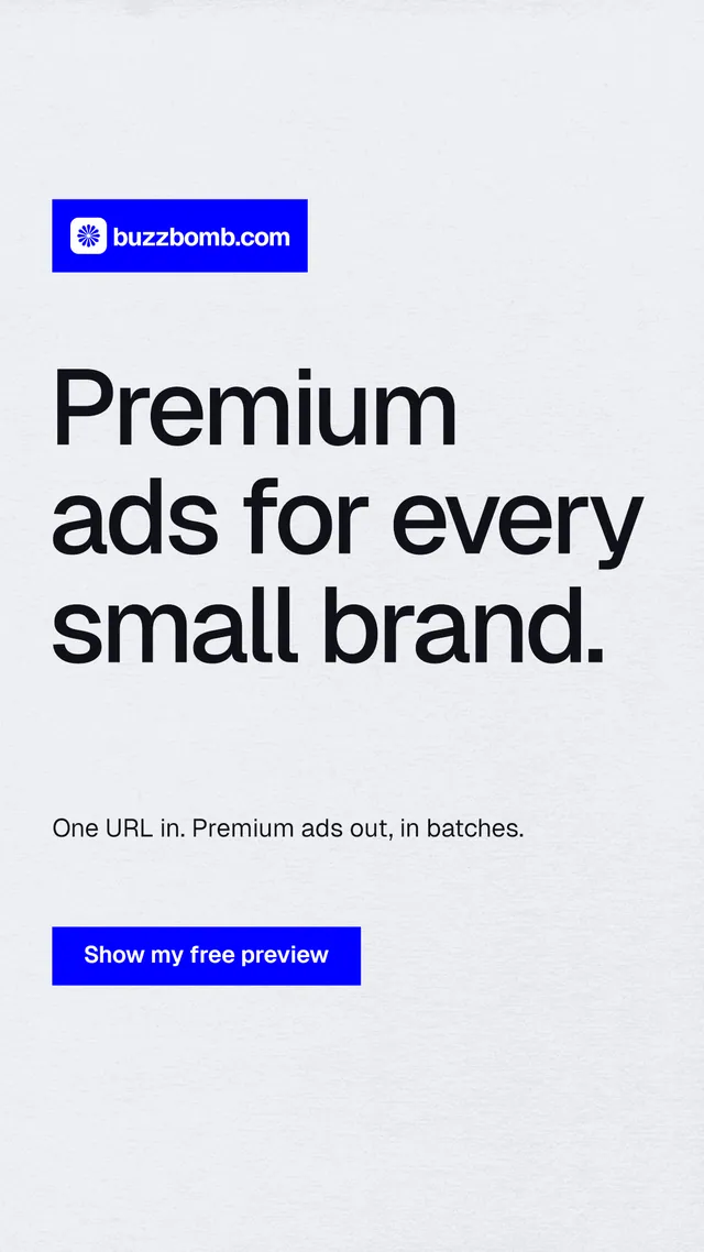 Instagram story for BuzzBomb: "Premium ads for every small brand." Swiss style, announce layout, light palette in white, blue.