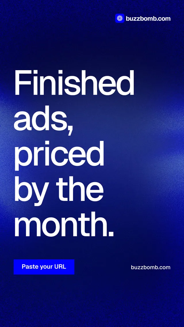 Instagram story for BuzzBomb: "Finished ads, priced by the month." Swiss style, poster layout, dark palette in blue.