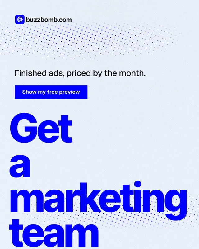 Instagram portrait post for BuzzBomb: "Get a marketing team." Swiss style, oversized layout, light palette in white, blue.