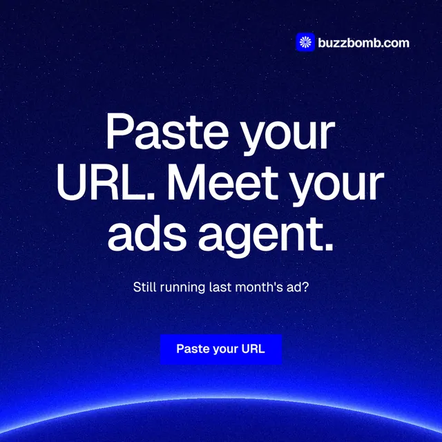 Instagram post for BuzzBomb: "Paste your URL. Meet your ads agent." Swiss style, centred layout, dark palette in blue.