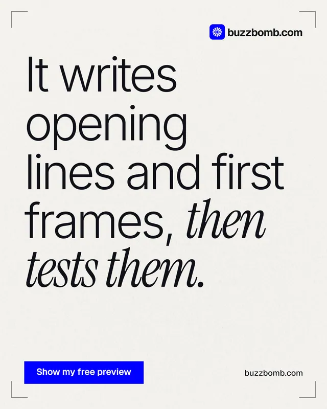 Instagram portrait post for BuzzBomb: "It writes opening lines and first frames, then tests them." Swiss style, poster layout, light palette in white, grey.
