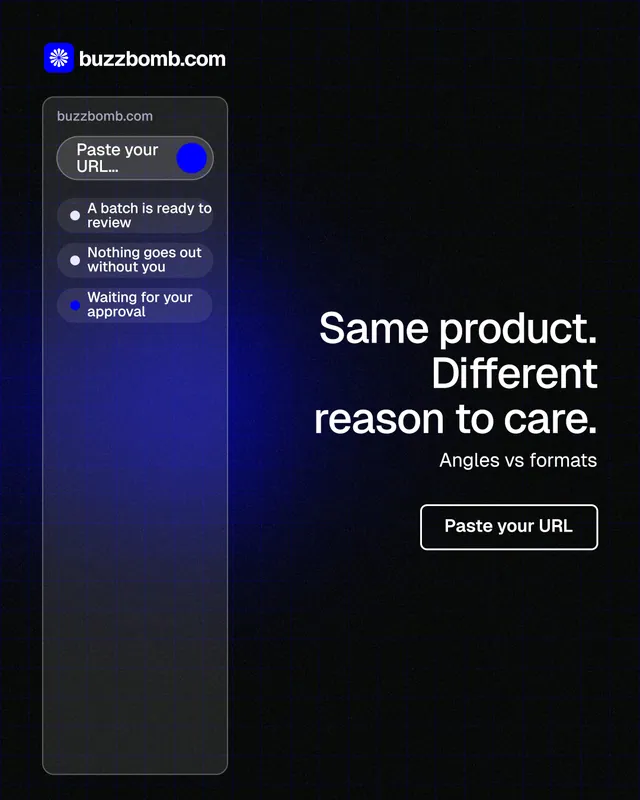Instagram portrait post for BuzzBomb: "Same product. Different reason to care." Phosphor atlas style, right layout, dark palette in black, blue.