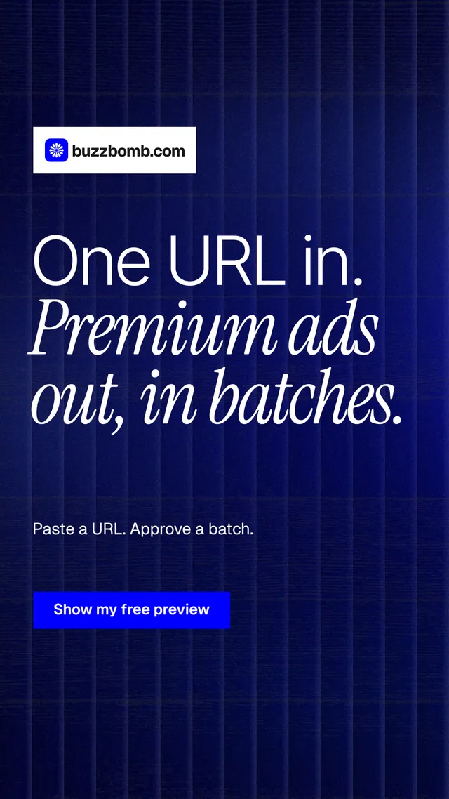 Instagram story for BuzzBomb: "One URL in. Premium ads out, in batches." Swiss style, announce layout, dark palette in black, blue.
