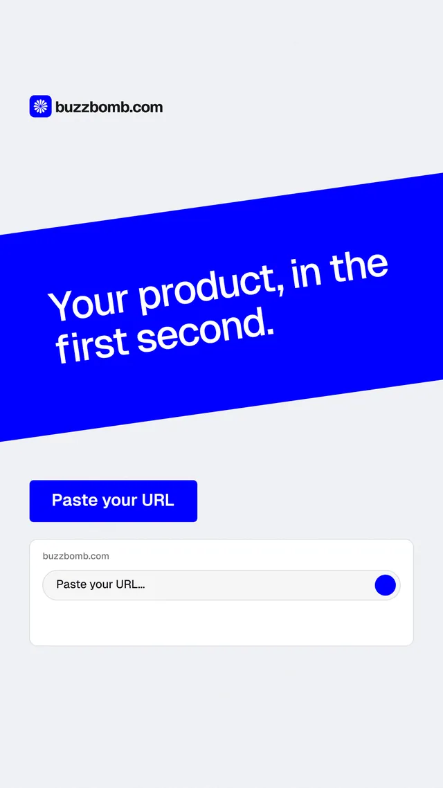 Instagram story for BuzzBomb: "Your product, in the first second." Data card style, diagonal layout, light palette in white, blue.