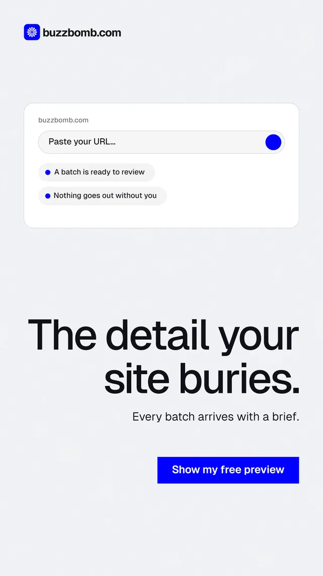 Instagram story for BuzzBomb: "The detail your site buries." Swiss style, right layout, light palette in white, blue.