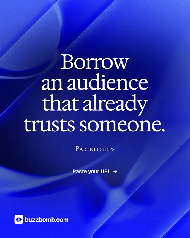 Instagram portrait post for BuzzBomb: "Borrow an audience that already trusts someone." Swiss style, smallcaps layout, dark palette in blue.