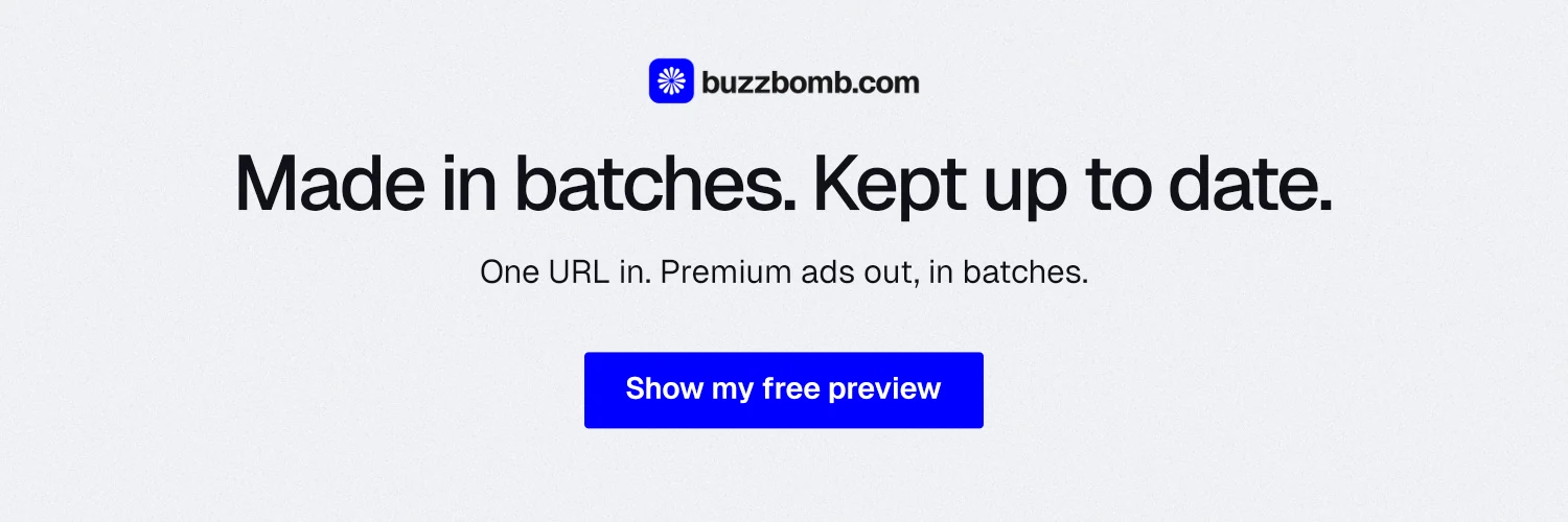 X header for BuzzBomb: "Made in batches. Kept up to date." Data card style, centred layout, light palette in white, blue.