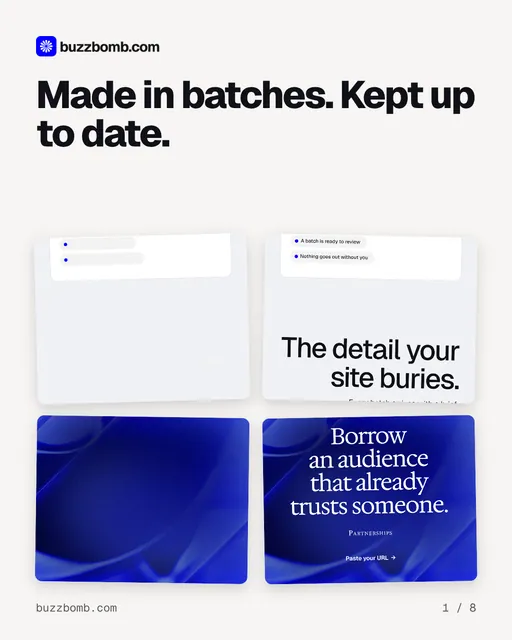 Carousel for BuzzBomb: "Made in batches. Kept up to date.". Collection carousel, 8 slides, light palette.