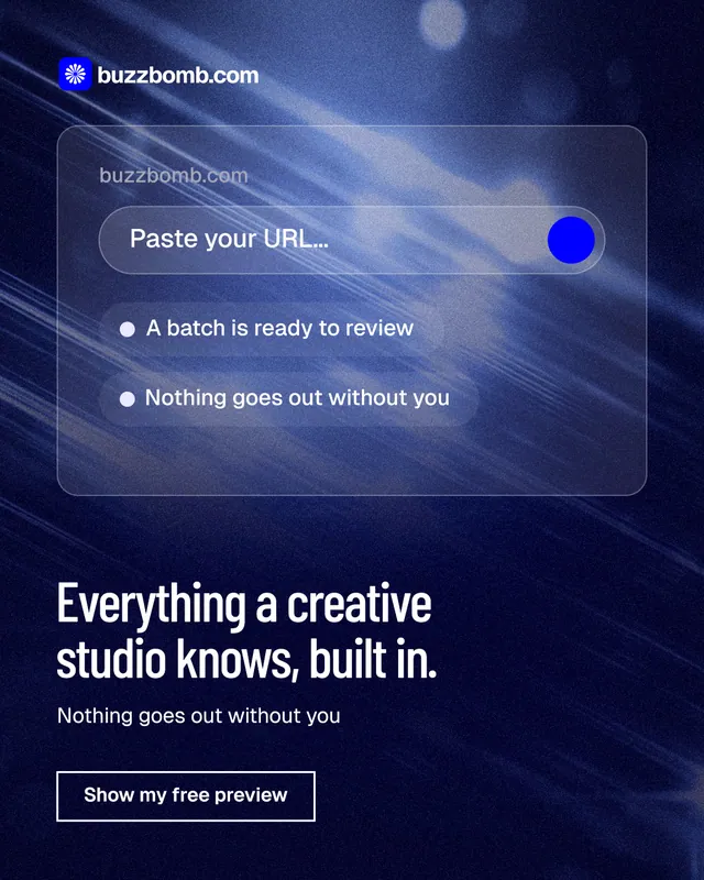 Instagram portrait post for BuzzBomb: "Everything a creative studio knows, built in." Dark deco style, bottom layout, dark palette in blue, black.