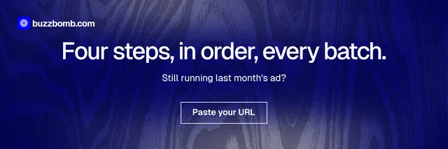 X header for BuzzBomb: "Four steps, in order, every batch." Cyanotype style, centred layout, dark palette in blue, grey.