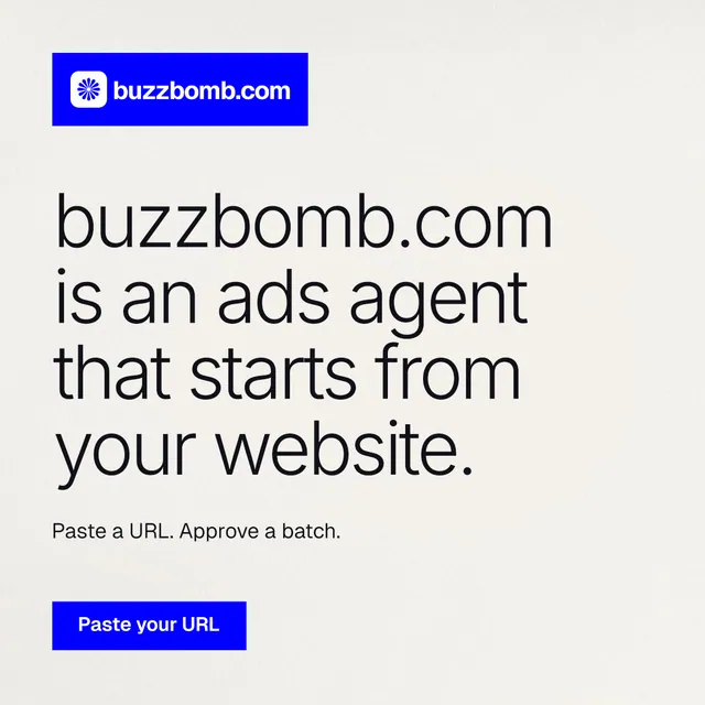 Instagram post for BuzzBomb: "buzzbomb.com is an ads agent that starts from your website." Swiss style, announce layout, light palette in white, blue.