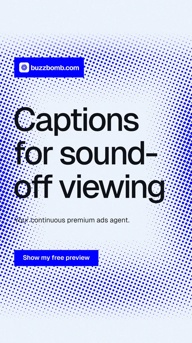 Instagram story for BuzzBomb: "Captions for sound-off viewing". Swiss style, announce layout, light palette in blue, white.
