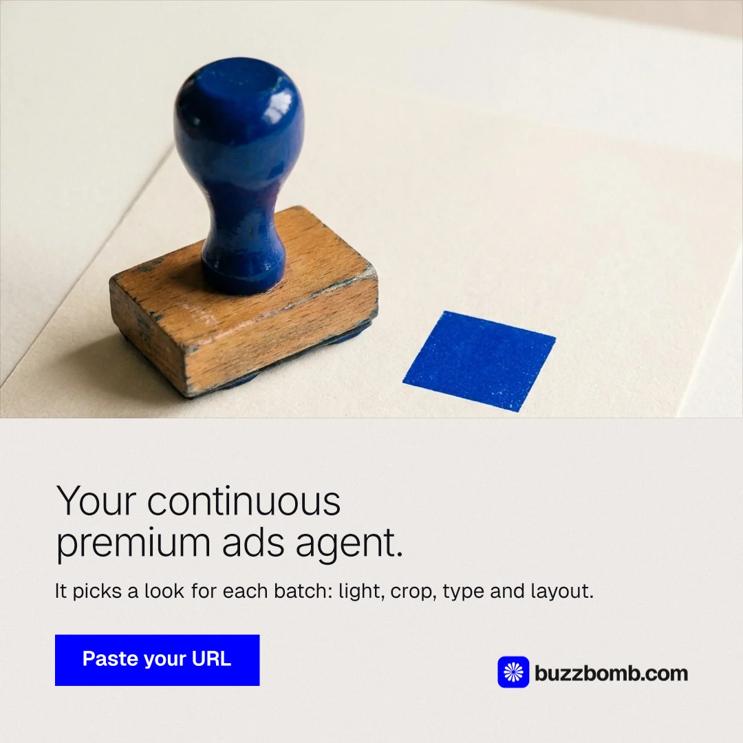 Instagram post for BuzzBomb: "Your continuous premium ads agent." Swiss style, bottom layout, light palette in orange, grey.