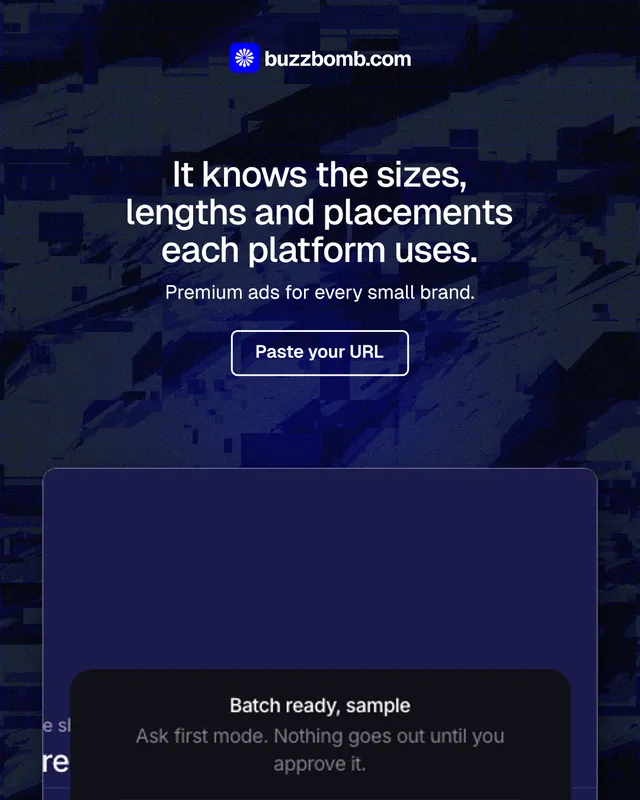 Instagram portrait post for BuzzBomb: "It knows the sizes, lengths and placements each platform uses." Phosphor atlas style, centred layout, dark palette in blue, black.