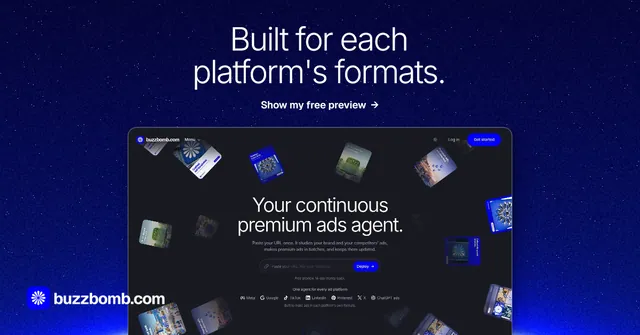 Social ad for BuzzBomb: "Built for each platform's formats." Swiss style, ogui layout, dark palette in blue, black.