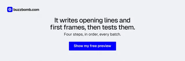 X header for BuzzBomb: "It writes opening lines and first frames, then tests them." Data card style, centred layout, light palette in white, blue.