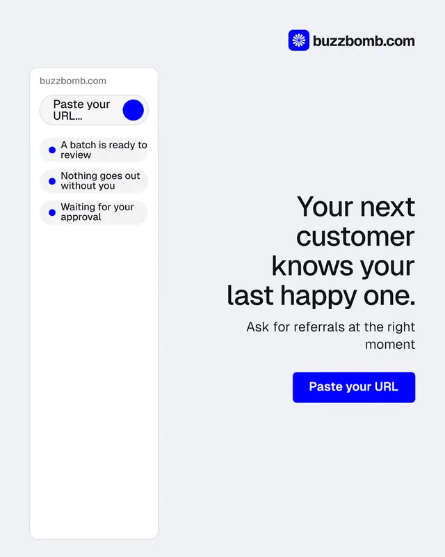 Instagram portrait post for BuzzBomb: "Your next customer knows your last happy one." Data card style, right layout, light palette in white, blue.