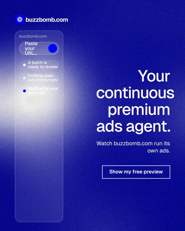Instagram portrait post for BuzzBomb: "Your continuous premium ads agent." Cyanotype style, right layout, dark palette in blue.