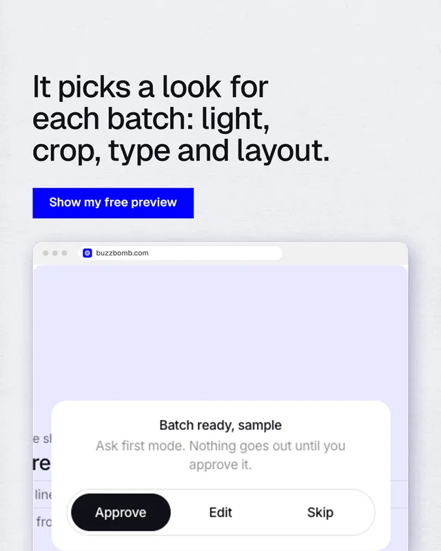 Instagram portrait post for BuzzBomb: "It picks a look for each batch: light, crop, type and layout." Swiss style, browser layout, light palette in white, blue.