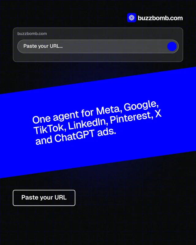 Instagram portrait post for BuzzBomb: "One agent for Meta, Google, TikTok, LinkedIn, Pinterest, X and ChatGPT ads." Phosphor atlas style, diagonal layout, dark palette in blue, black.