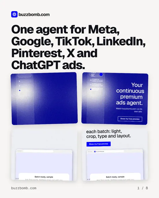 Carousel for BuzzBomb: "One agent for Meta, Google, TikTok, LinkedIn, Pinterest, X and ChatGPT ads.". Collection carousel, 8 slides, light palette.