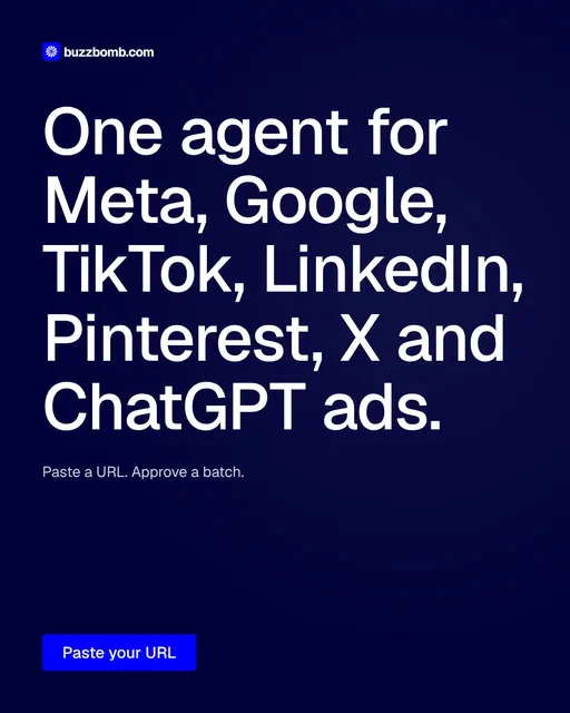Video for BuzzBomb: "One agent for Meta, Google, TikTok, LinkedIn, Pinterest, X and ChatGPT ads.". Doc motion loop, 6.0 s, dark palette.