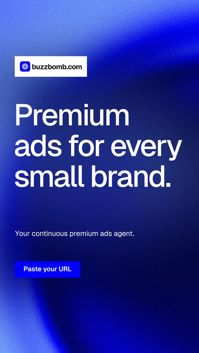 Instagram story for BuzzBomb: "Premium ads for every small brand." Swiss style, announce layout, dark palette in blue.