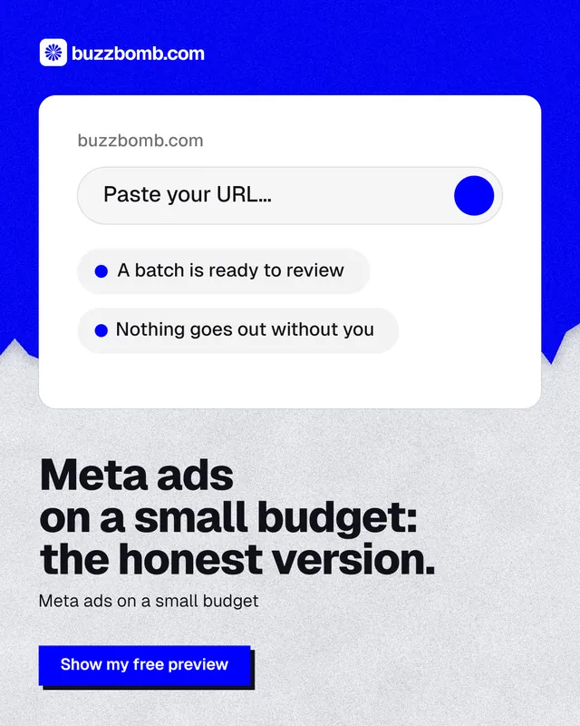 Instagram portrait post for BuzzBomb: "Meta ads on a small budget: the honest version." Paper trio style, bottom layout, light palette in white, blue.